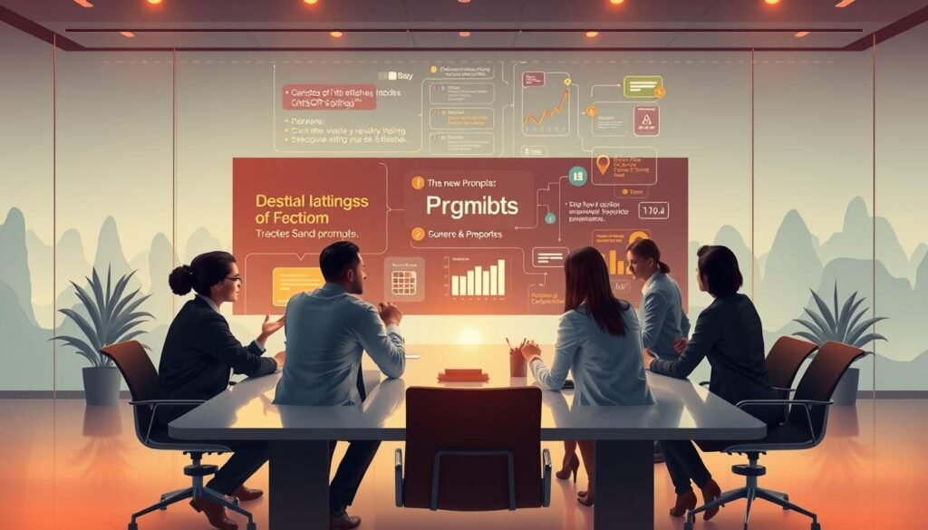 A conceptual illustration depicting the essence of a "prompt" in a digital workspace. In the foreground, a diverse group of professionals in business attire, engaged in a brainstorming session at a sleek, modern table. They are examining a large digital screen displaying colorful, flowing text and visual representations of questions and ideas. In the middle ground, a high-tech environment with glowing screens, charts, and dynamic visuals symbolizing data flow and interactive dialogue, showcasing how prompts can enhance communication. The background features subtle silhouettes of abstract digital landscapes, representing the vast possibilities of AI and technology. Soft, warm lighting creates an inviting atmosphere, emphasizing collaboration and innovation. The image should evoke a sense of professionalism, creativity, and the pivotal role of effective prompts in maximizing ChatGPT’s potential.