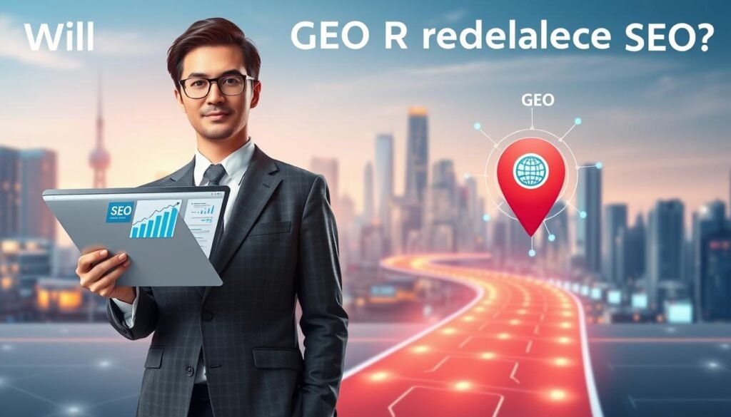 A conceptual illustration depicting the question "Will GEO replace SEO?" in a modern digital landscape. In the foreground, a professional person in business attire stands confidently, holding a tablet that displays graphs and data analytics related to SEO and GEO. In the middle ground, there are two diverging paths: one represented by a traditional SEO symbol (a magnifying glass with a globe) and the other by a GEO symbol (a location pin with digital connectivity lines). The background features a futuristic city skyline with digital elements and glowing interfaces, suggesting innovation and technology. The lighting is bright and dynamic, emphasizing a forward-thinking atmosphere, with a focus on clear contrasts between the two paths, inviting contemplation on the future of digital marketing strategies.