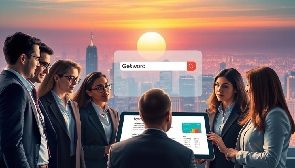 A conceptual illustration representing the understanding of user search intent and its impact on keyword selection. In the foreground, a diverse group of business professionals, dressed in smart business attire, are engaged in collaborative discussions around a digital tablet displaying keyword analytics and search data. In the middle, a large, stylized search engine interface with keywords highlighted in vibrant colors, symbolizing the connection between user intent and keyword choices. In the background, a glowing cityscape symbolizes the digital landscape, under a warm, inviting sunset. Soft but focused lighting enhances the professionals' expressions of insight and teamwork. The overall mood is dynamic and informative, showcasing the importance of adapting to user needs in keyword research.