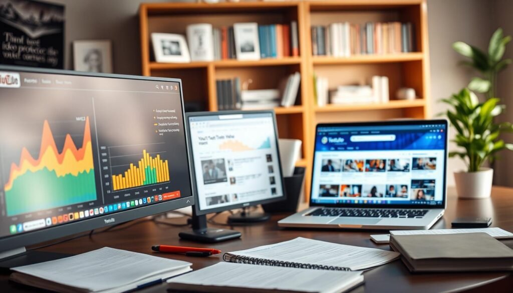 A desktop workspace featuring various tools and icons representing YouTube keyword research. In the foreground, a computer screen displays graphs, charts, and analytics specifically for YouTube keywords, with vibrant colors highlighting trends. On the desk, there are notebooks and pens, symbolizing brainstorming and planning for content creation. In the middle ground, a laptop shows a web browser open on a keyword research tool, surrounded by inspirational quotes and thumbnails of popular YouTube videos. The background features a soft-focus bookshelf with video production books and a plant for a fresh touch. The lighting is bright and professional, creating an inviting and productive atmosphere, emphasizing innovation and creativity in digital marketing for YouTube systems.