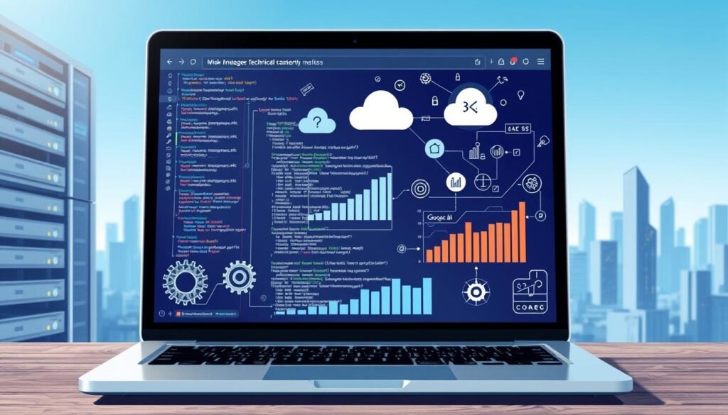 A detailed illustration showcasing the technical architecture of a website and its impact on SEO. In the foreground, display a sleek, modern laptop with an open browser window displaying complex code and analytics graphs. In the middle ground, include various visual elements like server racks and cloud storage icons, interspersed with gears and circuit patterns to symbolize connectivity and data flow. In the background, create a subtle skyline of a futuristic city to convey advancement and technology. Use bright, clear lighting to evoke a sense of innovation, with a slight blue hue to enhance the tech feel. The atmosphere is professional and inspiring, aiming to reflect the integral role of website structure in enhancing visibility in Google’s intelligent systems.