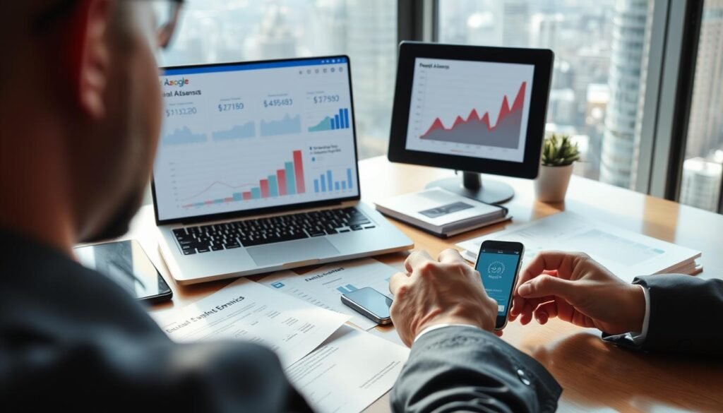 A detailed visualization of evaluating potential earnings from Google AdSense, set in a modern office environment. In the foreground, a person in professional business attire analyzes analytical graphs and charts on a laptop screen, displaying growth metrics and revenue forecasts. The middle layer features an organized desk with documents and marketing materials related to AdSense, alongside a smartphone showing notifications. The background has a large window overlooking a cityscape, allowing natural light to create a bright and inviting atmosphere. Use a focus on sharp details, capturing the essence of a focused professional setting, with soft shadows and a clean, organized layout that emphasizes productivity and clarity in financial assessment. The mood is optimistic and ambitious, reflecting the exploration of future income potential.