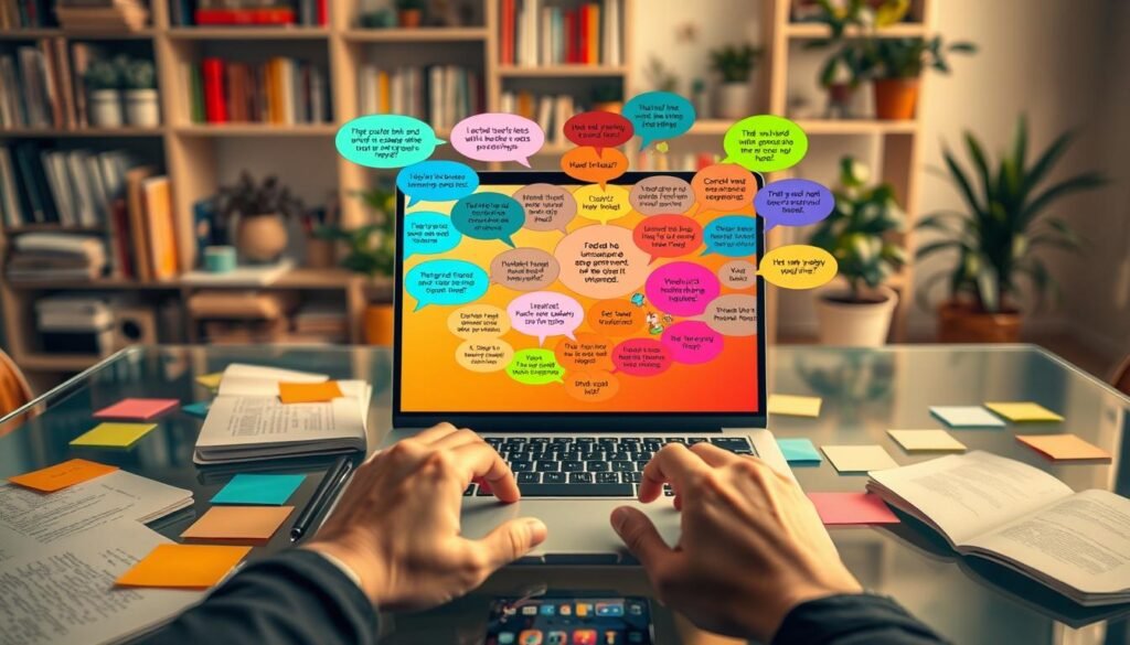 A digital artist's workspace featuring a semi-transparent glass table filled with open notebooks and colorful sticky notes scattered across it. In the foreground, hands typing on a sleek laptop, showcasing a vibrant screen with snippets of text and scenarios designed to enhance ChatGPT responses. In the middle ground, an artistic collage of diverse thought bubbles emerging from the laptop, depicting various user prompts and response scenarios in a colorful, creative way. The background is softly blurred, showing shelves filled with tech books and plants, creating a cozy learning environment. Warm, inviting lighting simulates a late afternoon glow, enhancing a focused and innovative atmosphere. The image conveys a sense of collaboration and forward-thinking.