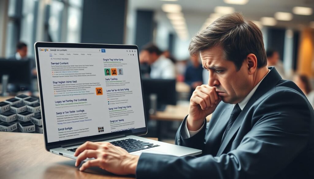 A digital composition illustrating the concept of weak or duplicate content negatively impacting website visibility. In the foreground, a frustrated business professional in smart attire examines a laptop displaying a cluttered webpage filled with repetitive text and graphics. The middle layer features a visual representation of search engine results, with highlighted entries struggling to stand out amidst a sea of identical boxes. In the background, a blurred depiction of a bustling office environment symbolizes the competitive nature of online visibility. Soft, natural lighting casts a thoughtful atmosphere, with a slight focus on the laptop screen and the subject's expression. The overall mood conveys urgency and concern about digital presence.