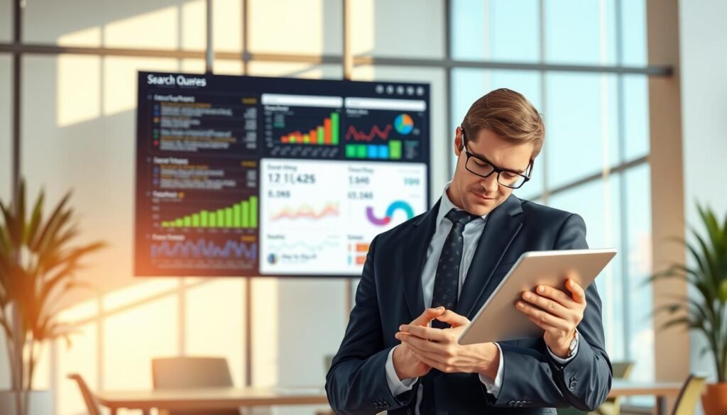 A digital illustration depicting the concept of understanding user intent in search queries. In the foreground, a professional individual dressed in smart business attire is analyzing data on a tablet, showing expressions of concentration and insight. In the middle ground, a large screen displays various colorful search query analytics, with charts and graphs illustrating user intent and trends. The background is a modern office environment, softly illuminated by natural light streaming through large windows, creating a calm and focused atmosphere. The overall mood is one of intellectual engagement and discovery, with a sense of clarity and purpose in the exploration of digital search behavior.