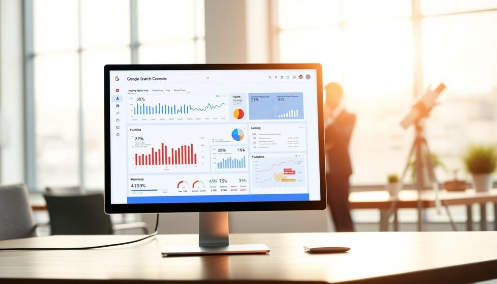 A digital illustration of the Google Search Console interface displayed on a sleek modern computer screen. In the foreground, focus on the vibrant dashboard filled with graphs, charts, and performance indicators indicating website metrics, all beautifully arranged. In the middle ground, depict a professional businessperson, dressed in smart attire, intently analyzing the data, with one hand on the mouse and the other pointing thoughtfully at the screen. The background features a contemporary office setting with soft, natural lighting streaming through large windows, creating a productive and focused atmosphere. The overall mood should convey professionalism and innovation, highlighting the essential role of Google Search Console in optimizing web performance.