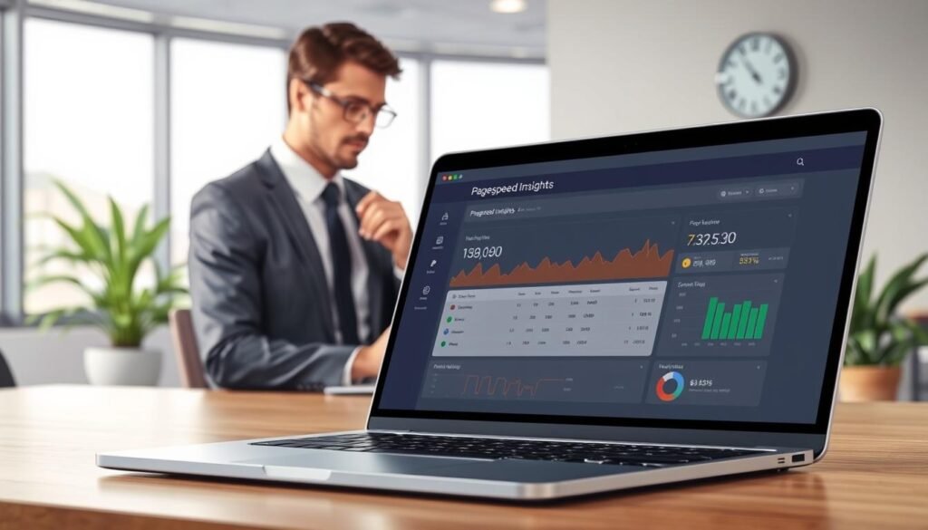 A digital illustration of the PageSpeed Insights tool for website speed optimization. In the foreground, a sleek laptop displays the PageSpeed Insights interface, highlighting vibrant graphs and metrics. The middle ground features a professional in business attire, focused on analyzing the data, with a thoughtful expression. The background is an office environment, with soft natural lighting filtering through a large window, creating a calm atmosphere. A potted plant adds a touch of greenery, while a wall clock keeps the time. The overall mood is productive and modern, conveying a sense of technological advancement and efficiency in improving website performance.