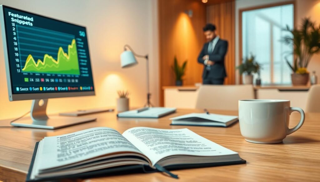 A dynamic digital illustration showcasing a modern workspace focused on "تحسين محركات الإجابة". In the foreground, a sleek computer screen displays a vibrant graph and highlighted information representing featured snippets. A poised professional in business attire is analyzing data, symbolizing the strategy in action. In the middle ground, an open notebook with notes on SEO strategies lies next to a coffee cup, adding a touch of creativity. The background features a minimalistic office with warm lighting, enhancing a focused and innovative atmosphere. The overall mood conveys clarity and professionalism, illustrating the essence of optimizing content for search engine snippets. The lighting is soft yet bright, highlighting key elements without distractions.