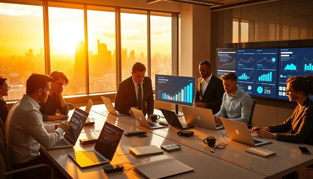A dynamic digital workspace scene depicting affiliate marketing in action. In the foreground, a diverse group of professionals, both men and women, dressed in smart business attire, collaborate around a sleek, modern desk filled with laptops and digital devices. In the middle ground, luminous screens display graphs, charts, and social media platforms, illustrating the flow of online sales and commissions. The background features a large window with a city skyline, casting warm, golden light into the room, creating an energetic atmosphere. The image is captured with a wide-angle lens, emphasizing teamwork and innovation in the marketing landscape. The mood is focused and inspiring, highlighting strategies for beginners to thrive in affiliate marketing.