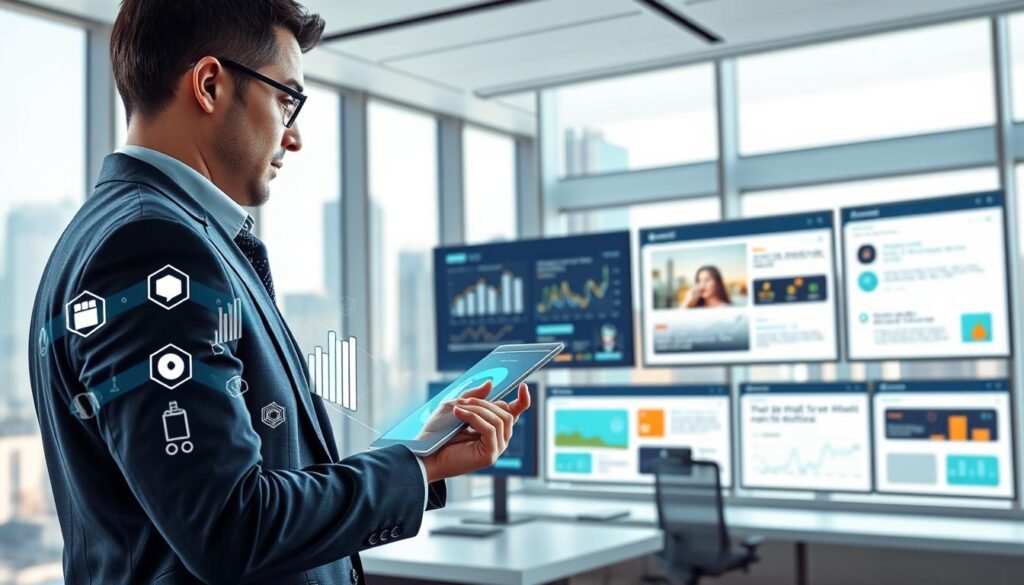 A dynamic illustration of intelligent strategies for utilizing AI tools to enhance website content and performance. In the foreground, a professional individual in business attire, analyzing data on a futuristic touchscreen interface with glowing graphs and AI icons displayed prominently. The middle ground features a sleek, modern office setting with screens showcasing examples of optimized web content and performance metrics. The background reveals a city skyline through a large window, suggesting a progressive environment. The overall lighting is bright and inviting, with a focus on clarity and innovation, creating an atmosphere of technological advancement and professional growth.