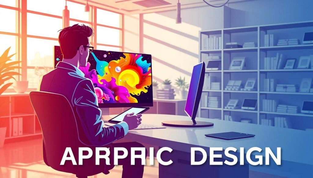 A dynamic illustration showcasing the concept of graphic design through text prompts, featuring a vibrant and futuristic digital workspace. In the foreground, an artist is seated at a sleek computer desk, focused on a large monitor displaying vivid, AI-generated artwork filled with colors and abstract shapes. The artist, dressed in smart-casual attire, is using a stylus tablet to refine the designs. In the middle ground, shelves are lined with books and digital sketches, emphasizing creativity and inspiration. The background consists of a bright, modern office with large windows letting in soft natural light, casting interesting shadows. The atmosphere is energetic and innovative, highlighting the intersection of technology and artistry in graphic design.