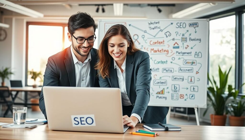 A dynamic workspace scene focusing on digital marketing strategies to boost website traffic and ad engagement. In the foreground, a professional male and female team, dressed in smart business attire, collaborate over a laptop displaying analytics graphs and digital ads. The middle layer features a large whiteboard filled with colorful hand-drawn diagrams, arrows, and keywords like "SEO," "Content Marketing," and "Social Media." In the background, a modern office environment with plants and large windows allows warm, natural light to flood in, creating a welcoming atmosphere. The overall mood is energetic and focused, showcasing teamwork and innovation in the realm of online advertising strategies.
