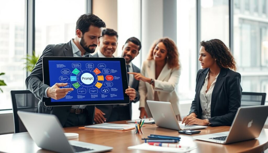 A focused and organized workspace featuring a diverse group of professionals collaborating over a large digital tablet displaying a vibrant diagram of "Prompt Engineering Principles." The foreground shows two individuals in professional attire, engaged in discussion, pointing at various elements of the diagram. The middle ground includes a stylish desk with laptops, notebooks, and pens scattered around. The background features a large window with natural light streaming in, giving a bright and inviting atmosphere. The scene should evoke a sense of teamwork and innovation, with a modern office environment that is sleek and well-organized. The lighting is bright but soft, with a shallow depth of field to maintain focus on the foreground activities. No text or markings should be present in the image.