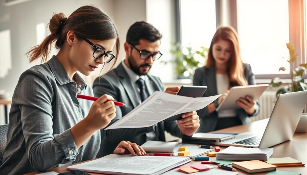 A focused scene in a modern office setting, featuring a diverse group of three professionals engaged in final proofreading and language revision of an article. In the foreground, a woman with glasses, wearing smart casual attire, is closely examining a printed document with a red pen. Beside her, a man in a business suit types notes on a laptop, and a third individual, a woman in professional attire, reviews feedback on a digital tablet. The middle ground shows a cluttered but organized desk with notebooks, highlighters, and sticky notes. In the background, a bright window lets in natural light, creating a warm atmosphere while a plant adds a touch of greenery. The image conveys a sense of collaboration and diligence, emphasizing the meticulous nature of the final editing process.