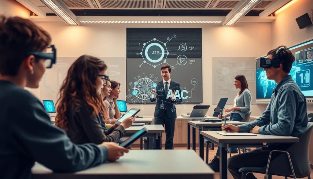 A futuristic classroom scene showcasing the role of artificial intelligence in education. In the foreground, a diverse group of students, including a boy and a girl, interact with interactive AI-enabled devices, displaying enthusiasm and curiosity. In the middle, a modern teacher, dressed in professional attire, guides them with an AI hologram illustrating complex concepts. The background features a high-tech classroom with sleek desks, large digital screens, and AI-driven tools like virtual reality headsets. Soft, warm lighting bathes the scene, creating an inviting atmosphere that reflects innovation and collaboration. The image should convey a sense of excitement about the future of learning, emphasizing the integration of technology and knowledge in an engaging educational environment.