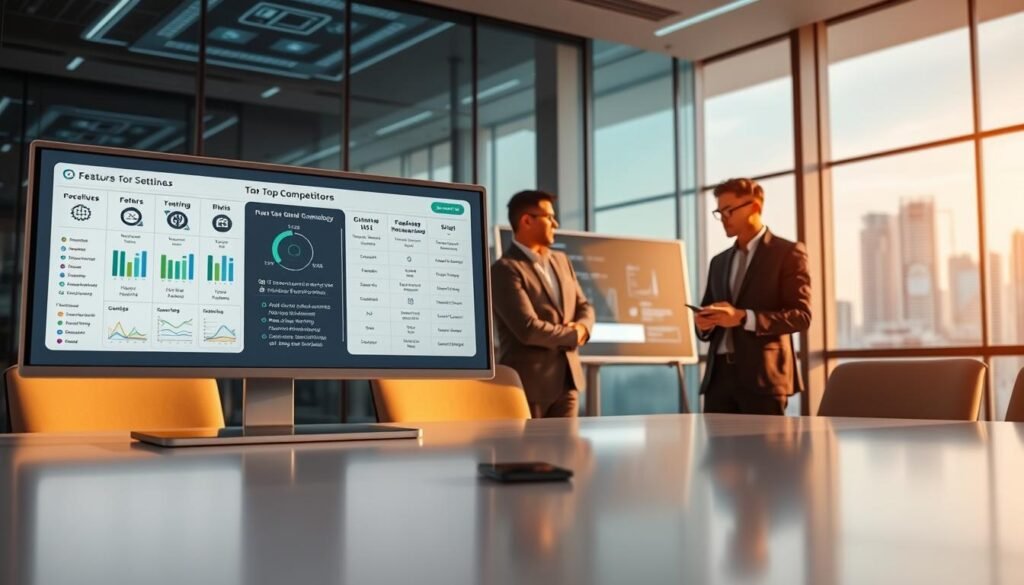 A futuristic conference room setting showcasing a detailed comparison between ChatGPT and its top competitors in 2026. In the foreground, two sleek digital displays show interactive charts and graphs comparing features, capabilities, and user experiences. In the middle ground, professional individuals in business attire discuss the information; one is pointing at a screen while another takes notes. The background features modern technology, like holographic interfaces and large windows with a city skyline view. Soft, ambient lighting creates a focused atmosphere, highlighting the innovation and competition in AI technology. The perspective is slightly angled, giving depth to the scene, with a warm color palette to evoke a sense of collaboration and forward-thinking.