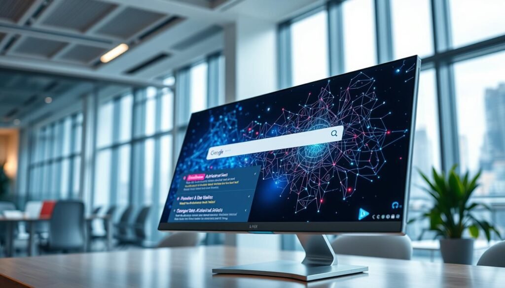 A futuristic digital interface displaying "AI Overviews" functionality in search results. In the foreground, a sleek computer monitor showcases a visually rich interface with search results enhanced by AI insights, highlighting snippets of information in vibrant colors. The middle layer features an abstract representation of AI algorithms and neural networks, with glowing lines and circuit-like patterns, suggesting the technology's complexity. In the background, an office environment with a professional atmosphere, featuring soft lighting, large windows, and a city skyline, reinforces the theme of technological advancement. The overall mood is innovative and optimistic, with a focus on clarity and efficiency in information retrieval, captured from a slightly elevated angle to emphasize depth.