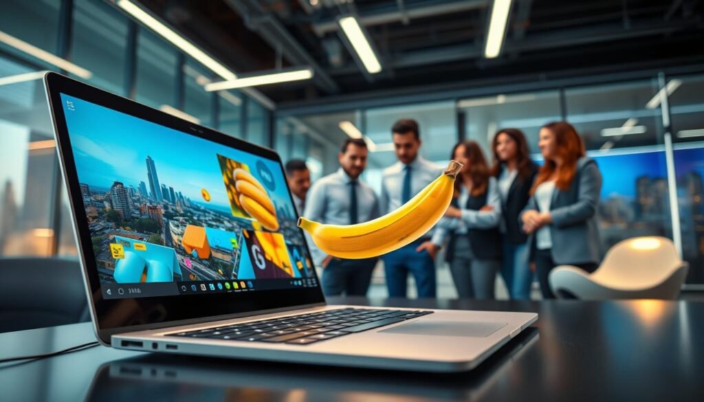 A futuristic digital workspace featuring "Nano Banana 2 from Google Gemini." In the foreground, a sleek, silver laptop displaying vibrant, creative AI-generated images, with a holographic banana floating above the keyboard, symbolizing technology and innovation. In the middle ground, a diverse group of professionals in smart casual attire is collaborating, gazing at a large screen showcasing the capabilities of the Nano Banana 2. The background consists of modern office elements, including bright LED lights and glass walls, complemented by a city skyline visible through the windows, suggesting a cutting-edge environment. Soft, warm lighting creates an inviting atmosphere, enhancing the sense of creativity and collaboration. The perspective is slightly elevated, giving a comprehensive view of the workspace dynamics.