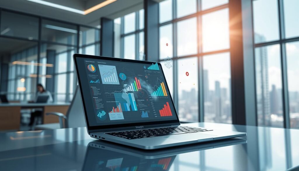 A futuristic digital workspace illustrating Google Gemini integrating live data into content. In the foreground, an advanced laptop with a sleek design, displaying a dynamic interface with real-time data visualization and AI-generated content. The middle layer features holographic elements showcasing colorful charts, graphs, and statistics floating around the laptop, highlighting the seamless integration of AI tools. In the background, a modern office with a glass window revealing a bustling cityscape under a bright, clear sky, creating a sense of innovation and progress. Soft, ambient lighting casts a professional and productive atmosphere, emphasizing the high-tech environment. The scene conveys a mood of creativity and cutting-edge technology, suitable for an article on AI in content creation.