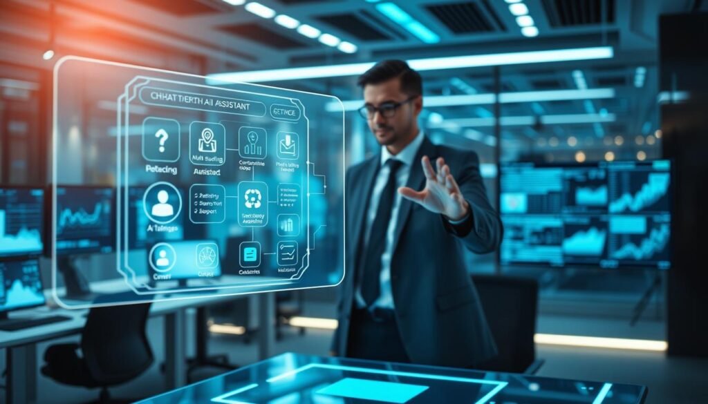 A futuristic digital workspace showcasing the evolution of ChatGPT into a multi-tasking intelligent assistant. In the foreground, a sleek, holographic interface displays a dynamic AI assistant concept, featuring glowing elements and futuristic icons. The middle ground highlights a professional individual, dressed in business attire, interacting with the AI through gesture controls, showcasing engagement and productivity. In the background, a high-tech office environment filled with screens showing data analytics and productivity tools, bathed in soft, ambient blue lighting that adds a sense of innovation and modernity. The overall mood is inspiring and forward-thinking, reflecting the cutting-edge nature of AI technology in 2026.