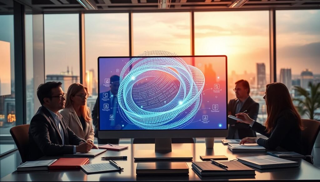 A futuristic office environment showcasing Claude AI, depicted as a sleek, glowing interface on a computer screen surrounded by creative materials such as notebooks, pens, and digital tablets. In the foreground, a diverse group of professionals in smart business attire engaged in a brainstorming session, reflecting collaboration and creativity. The middle layer features a dynamic visualization of text swirling around the screen, symbolizing innovation and writing prowess. In the background, large windows reveal a vibrant cityscape under soft, warm lighting, creating an inspiring atmosphere. The overall mood is one of professionalism, creativity, and technological advancement, capturing the essence of Claude AI as the best tool for creative writing and long documents.
