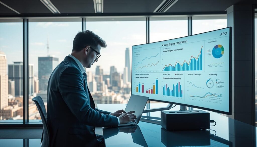 A futuristic office environment showcasing a professional individual analyzing data on a large screen displaying graphs related to Answer Engine Optimization (AEO) and traditional SEO. In the foreground, a person in business attire, focused and engaged, is using a laptop, with visual elements like charts, algorithms, and search engine icons around. The middle features a sleek desk with advanced technology, emphasizing digital marketing analytics. The background showcases a modern city skyline through a glass window, illustrating the connection between technology and business. Soft, natural lighting streams in, creating an inspiring and innovative atmosphere, emphasizing clarity and focus on the task at hand. The composition should evoke a sense of professionalism and forward-thinking in digital marketing strategies.