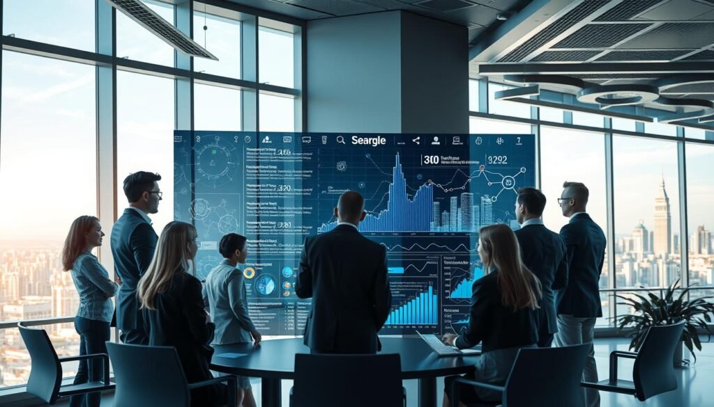 A futuristic office space showcasing the concept of "تحسين محركات الإجابة". In the foreground, a diverse team of professionals in business attire collaborates around a sophisticated digital display featuring graphs and search engine results. The middle layer includes abstract representations of AI algorithms and data flows, symbolizing the technology behind search engines. In the background, large windows reveal a city skyline with bright, clear skies, emphasizing innovation and connectivity. Soft, natural lighting pours in from the windows, creating a bright and inspiring atmosphere. The scene conveys a sense of forward-thinking, teamwork, and the dynamic nature of digital marketing and SEO optimization.