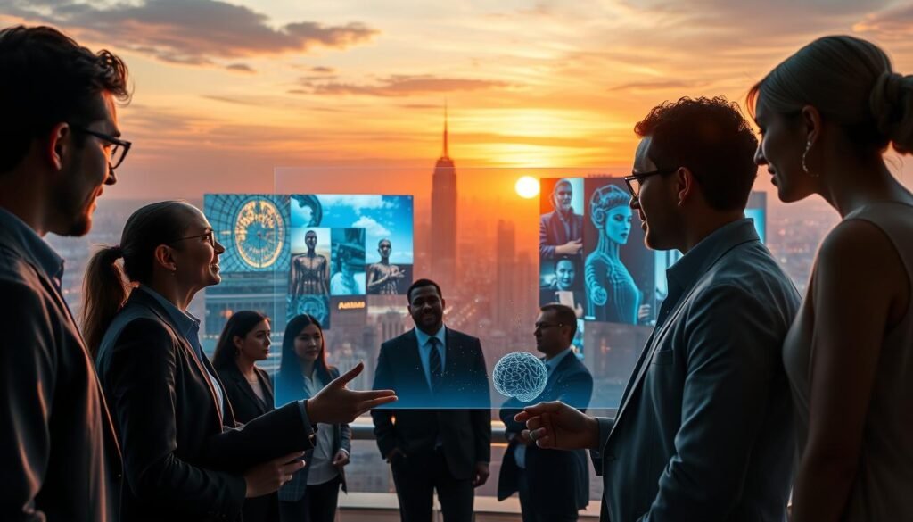 A futuristic overview of artificial intelligence image generation techniques in 2026. In the foreground, showcase a diverse group of professionals, dressed in smart business attire, collaborating around a holographic display. The middle layer features a vibrant cityscape with digital screens showcasing various AI-generated artworks, from hyper-realistic images to abstract designs. The background includes a sunset sky with warm, glowing lights, reflecting an optimistic atmosphere of creativity and innovation. Use soft but dynamic lighting to highlight the technology and human interaction, framing the scene as if viewed through a wide-angle lens. Aim for a mood of inspiration and advancement in the field of AI image creation.