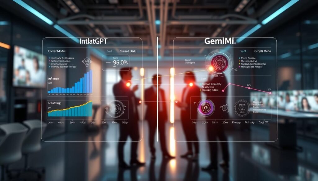 A futuristic, sleek digital interface displaying a side-by-side comparison of two intelligent models, symbolized by abstract representations of ChatGPT and Gemini. In the foreground, vibrant holographic charts and data visualizations depict performance metrics, including inference strength, understanding, and memory capabilities, with glowing lines connecting the two models. The middle ground showcases blurred figures of professionals in business attire analyzing the data, exuding a sense of collaboration and inquiry. The background features a modern office setting, with large screens and ambient lighting that casts a soft glow, promoting a high-tech atmosphere. The overall mood is dynamic and insightful, conveying a sense of advancement in AI technology.