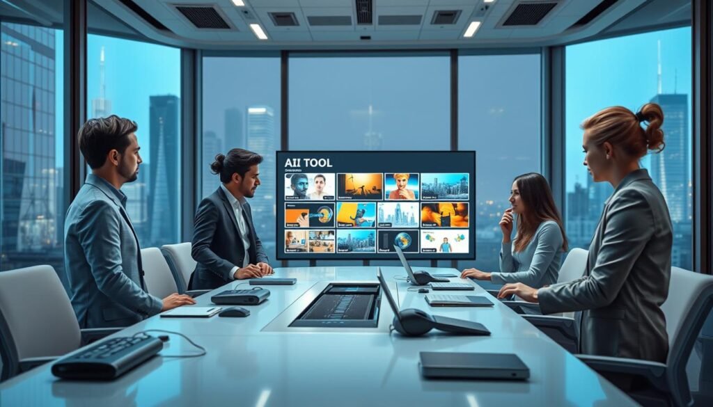 A futuristic workplace setting illuminated by soft ambient lighting. In the foreground, a diverse group of three professional individuals, dressed in business attire, actively engaging around a sleek, modern conference table filled with high-tech gadgets and AI tools. In the middle background, a large screen displays visual representations of different AI tools like image generators, showcasing vibrant images and comparisons. Large windows let in natural light, with cityscape views suggesting innovation and advancement. The atmosphere is collaborative, emphasizing communication and decision-making. The colors are a blend of cool tones with accents of warm light, conveying a sense of modern technology and professionalism.
