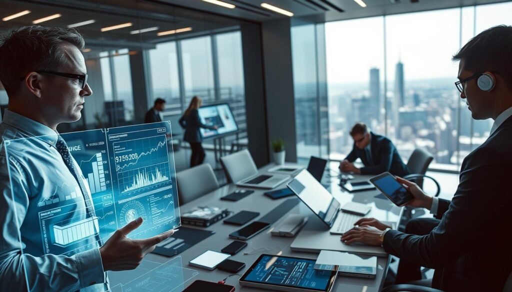A futuristic workspace filled with various artificial intelligence tools and interfaces. In the foreground, a business professional wearing formal attire is analyzing complex data on a holographic screen, showing graphs and algorithms. In the middle ground, other individuals collaborate around a sleek modern table littered with technology, like tablets and laptops, showcasing different AI applications. The background features a glass wall with an expansive view of a high-tech cityscape, suggesting innovation and progress. Bright, focused lighting highlights the seriousness of the environment, while shadows create a dynamic contrast. The atmosphere is busy yet professional, conveying the challenges and considerations of using free AI tools in a collaborative setting.