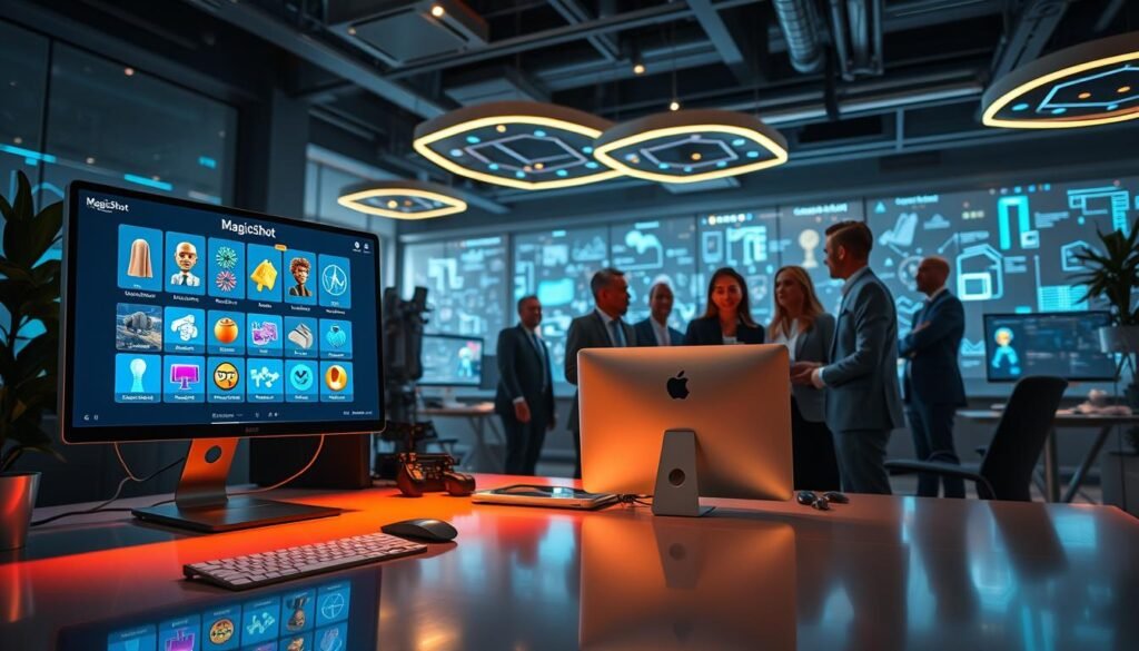 A futuristic workspace scene showcasing "MagicShot," the ultimate solution for managing multiple AI image models in one subscription. In the foreground, a sleek digital interface displays various AI models, glowing with vibrant, colorful icons representing creativity and versatility. The middle ground features a modern computer setup with a diverse group of professionals in business attire, actively discussing and engaging with the technology, exuding enthusiasm and collaboration. The background presents a high-tech ambiance filled with holographic displays and soft ambient lighting, creating an inspiring, innovative atmosphere. Use a wide-angle lens effect to capture the dynamic environment, highlighting the interconnectedness of technology and teamwork. Avoid any text or watermarks—focus solely on the visual representation of collaboration and advanced AI tools.