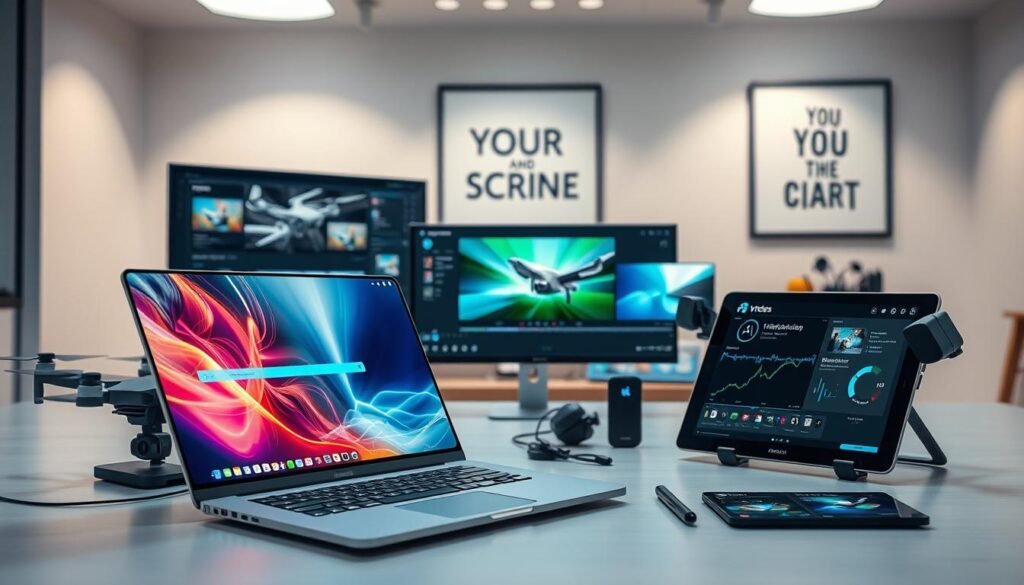A futuristic workspace showcasing the best AI video creation and editing tools of 2026. In the foreground, a sleek, high-tech laptop is open, displaying an intuitive video editing interface filled with dynamic graphics. To the left, a stylish monitor shows a vibrant video timeline, while to the right, a tablet features AI-assisted features like automatic editing suggestions. The middle ground features a set of modern tech gadgets, including a drone and a camera, symbolizing advanced video production. Background elements include a minimalist office wall adorned with motivational art about creativity and technology. The lighting is bright and inviting, with soft shadows highlighting the devices, reflecting a productive and innovative atmosphere. The overall mood is inspiring and forward-looking, emphasizing the potential of AI in the video industry.