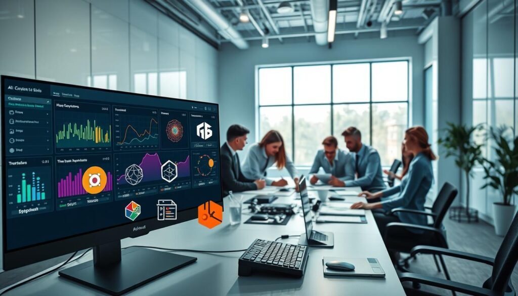 A futuristic workspace showcasing the leading open-source AI tools of 2026. In the foreground, a sleek modern computer screen displays an interactive dashboard with vibrant graphs and AI models in action. Prominently featured are recognizable logos of popular open-source AI tools, designed in contemporary style. In the middle ground, a diverse group of professionals in smart business attire collaborates enthusiastically around a table filled with digital devices and project plans. The background features a minimalist, high-tech office with large windows letting in bright natural light, casting soft shadows. Emphasize a mood of innovation and collaboration, with a color palette of cool blues, greens, and touches of warm accents to create an inviting atmosphere. Use a wide-angle lens to capture the bustling energy of the space, ensuring clarity on the tools and the engaged team.