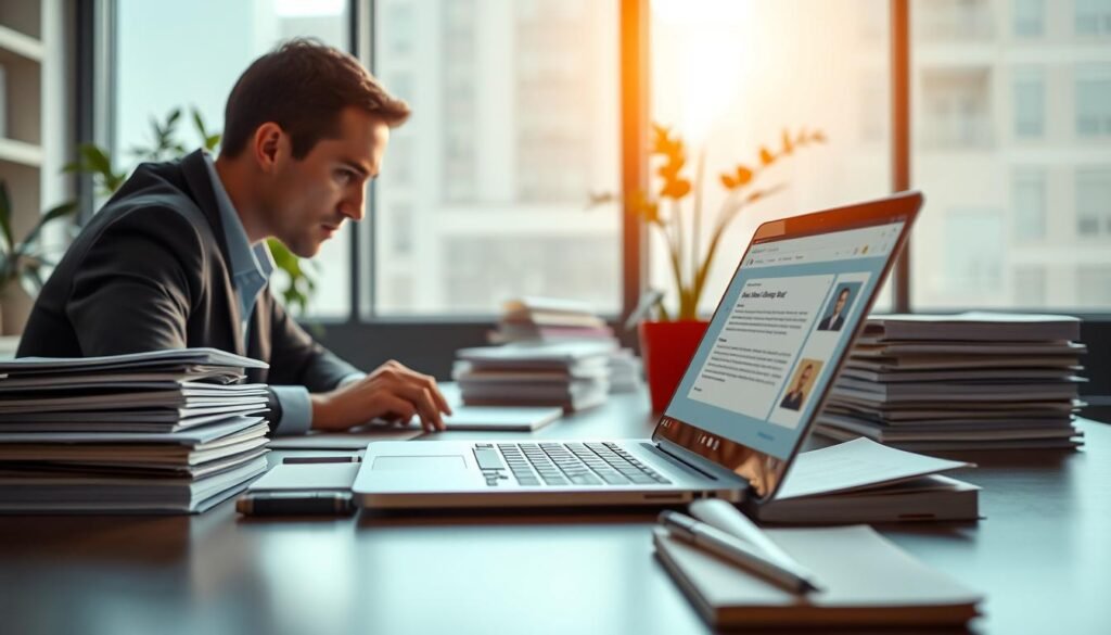 A modern and sleek office workspace showcasing a laptop open to a vibrant user interface of ChatGPT Plus. In the foreground, a professional dressed in business attire, focused on their work, actively engaging with the AI. The middle ground features stacks of research papers and organized notes, symbolizing research and structured content creation. The background includes a large window with soft natural light pouring in, creating a warm and inviting atmosphere. A potted plant adds a touch of greenery, enhancing the professional feel. The overall mood is one of innovation, productivity, and efficiency, showcasing the power of AI in crafting organized and research-driven content. The image should use a warm color palette and have a slight depth of field to emphasize the laptop and the user.