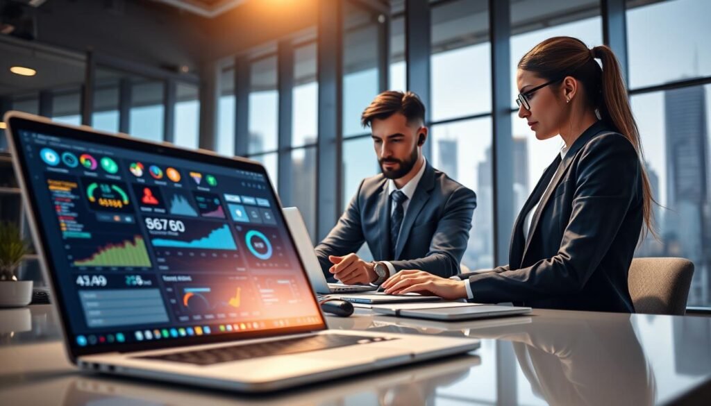 A modern desktop environment showcasing automation and control, with a sleek, digital interface filled with colorful, moving icons representing various automated tasks. In the foreground, a laptop with an open screen displays a sophisticated dashboard with graphs and system analytics. The middle ground features a professional male and female working in business attire, intently analyzing the dashboard. They appear engaged and focused, surrounded by futuristic gadgets and devices symbolizing advanced technology. The background shows a large window with a city skyline, bathed in warm, natural light pouring in, creating a bright and optimistic atmosphere. Emphasize clarity and depth of field, using a slight bokeh effect to enhance the focus on the foreground subjects. Overall, the mood should convey innovation and efficiency in a high-tech workspace.