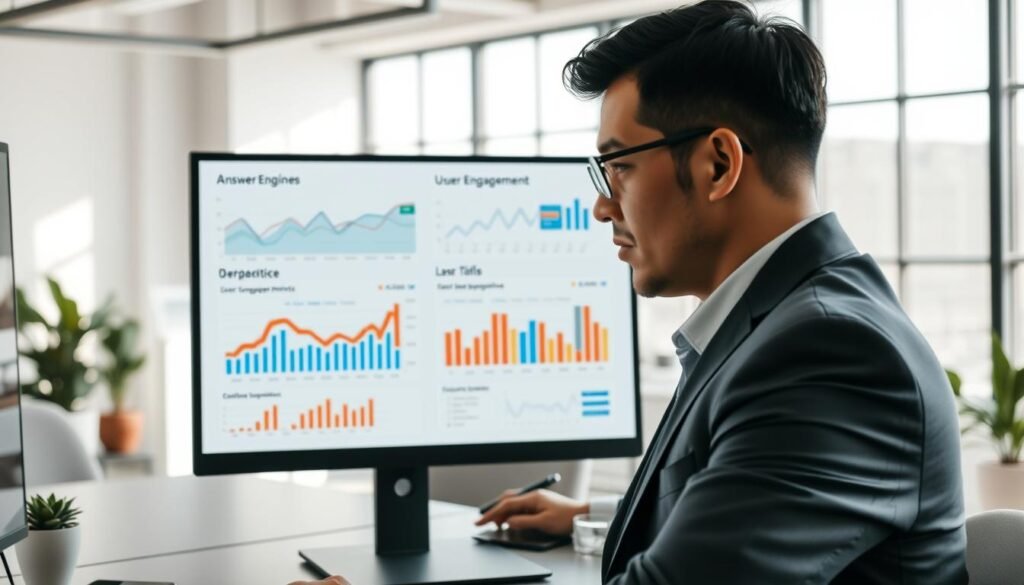 A modern digital workspace, focusing on a computer screen displaying analytics and user experience data that emphasizes "Answer Engine Optimization". In the foreground, a professional person dressed in smart business attire, intently analyzing the screen, with a thoughtful expression. The middle ground features charts and graphs highlighting user engagement metrics and SEO performance, blending seamlessly with the computer background. In the background, a bright, well-lit office space with soft, natural lighting pouring in from a large window, plants, and minimalist decor creating a calm atmosphere. The scene conveys a sense of innovation and professionalism, highlighting the importance of enhancing user experience for better visibility in search engine answers.