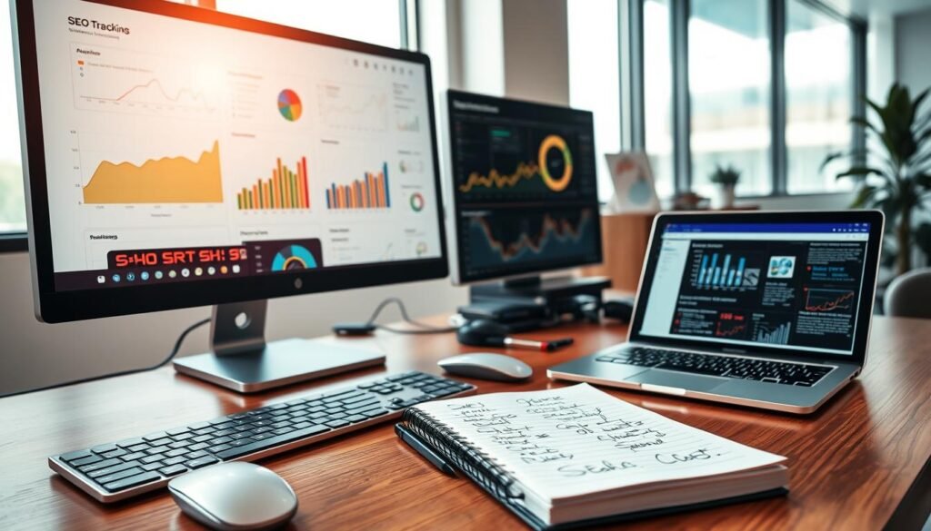 A modern digital workspace showcasing various performance measurement tools and SEO tracking results. In the foreground, a sleek computer monitor displays colorful graphs and analytics dashboards related to SEO metrics, alongside a stylish keyboard and mouse. The middle ground features a notepad with handwritten notes and an open laptop featuring SEO software, all set on a polished wooden desk. In the background, a large window lets in soft, natural light, illuminating the scene and casting gentle shadows. The atmosphere is professional and focused, evoking a sense of productivity and innovation in the field of search engine optimization. The angle is slightly above eye level, providing a comprehensive view of the workspace without any text or distractions.