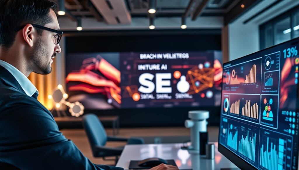 A modern, futuristic office space showcasing digital concepts of brand visibility strategies powered by artificial intelligence. In the foreground, a professional-looking individual, dressed in business attire, analyzes data on a sleek computer screen displaying complex algorithms and glowing graphs related to search engine optimization. In the middle ground, a large screen illustrates the integration of AI tools, with visual elements representing various digital marketing strategies, like social media icons and SEO metrics. The background features a contemporary office environment with abstract digital art and soft, ambient lighting creating a focused, innovative atmosphere. Use a wide-angle lens to capture the entire scene, giving it a dynamic perspective. The overall mood is cutting-edge and inspiring, ideal for exploring the intersection of branding, AI, and search visibility.