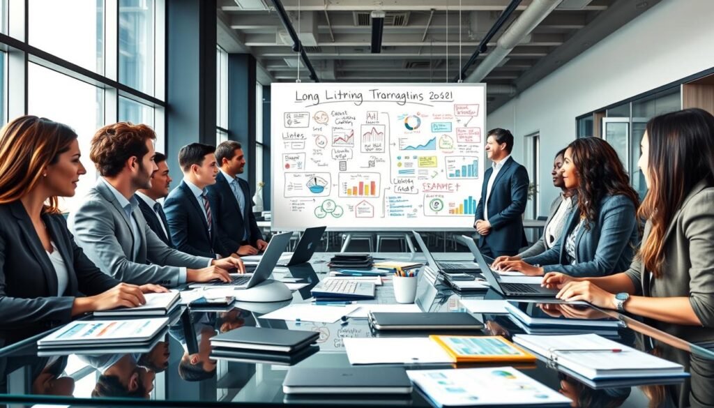 A modern office environment bustling with activity, showcasing a diverse group of professionals brainstorming about "long-tail question targeting strategies". In the foreground, a multi-ethnic team, dressed in smart business attire, is gathered around a sleek glass table littered with laptops, notepads, and digital devices displaying graphs and analytics. In the middle ground, a large whiteboard filled with colorful diagrams and notes illustrating various strategies for engaging long-tail keywords. The background features floor-to-ceiling windows allowing natural light to flood in, creating a bright and productive atmosphere. The overall mood is collaborative and focused, emphasizing innovation and strategic thinking in the realm of digital marketing and SEO. The perspective captures the synergy of teamwork and the vision for improving search visibility.