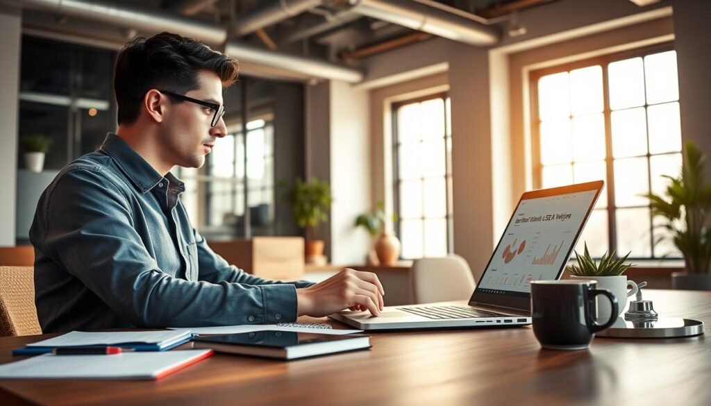 A modern office environment showcasing a professional content writer immersed in their work, utilizing advanced artificial intelligence tools on a sleek laptop. The foreground features the writer, dressed in smart casual attire, intently focused on the screen, with analytical charts and SEO data displayed. In the middle ground, a well-organized desk filled with notes, a digital tablet, and a coffee cup signifies productivity. The background displays a large window with natural light streaming in, illuminating the space and creating a warm, inspiring atmosphere. The overall mood is one of innovation and professionalism, emphasizing the synergy between high-quality content creation and SEO strategies powered by AI.