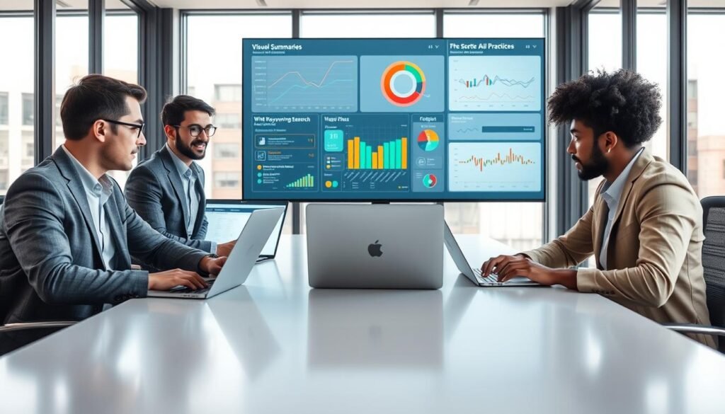 A modern office environment showcasing best practices for SEO with AI Overviews. In the foreground, a diverse group of three professionals—two men and one woman—are engaged in a focused discussion around a sleek, modern conference table. They are dressed in professional business attire, with laptops open displaying analytics and graphs related to SEO strategies. In the middle ground, a large screen displays AI-generated visual summaries and keyword research, with vibrant colors and clear, easy-to-read graphics. The background features large windows allowing natural light to fill the room, creating a bright and energized atmosphere. The overall mood is collaborative and innovative, emphasizing the integration of AI in modern SEO practices. The scene is captured with a sharp lens and a slightly elevated angle to provide a comprehensive view of the discussion and technology involved.