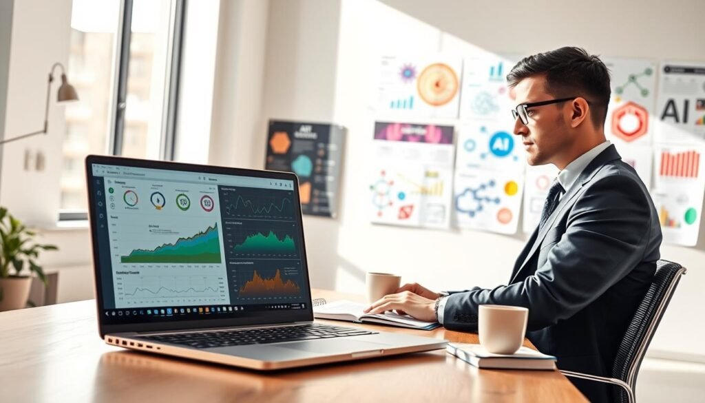 A modern office environment showcasing the significance of artificial intelligence tools in content creation. In the foreground, a sleek laptop with various AI software open, displaying graphs and analytics. A focused professional in business attire is seated, analyzing data, surrounded by notepads and a coffee cup, embodying productivity. In the middle ground, a large window lets natural light flood in, illuminating colorful charts and creative workflows pinned on a wall. The background features abstract digital art representing AI concepts, like neural networks and content algorithms. The atmosphere is dynamic and optimistic, capturing innovation and the forward-looking vision of AI in enhancing content production. The image should have bright, inviting lighting and a professional yet creative ambiance, emphasizing the synergy between technology and creativity.