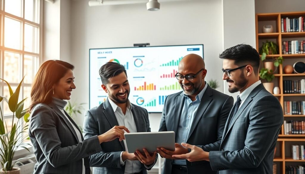 A modern office setting focused on the concept of sustainable and continuous development in effective SEO strategies. In the foreground, a diverse group of three professionals (two men and one woman) in business attire are collaborating over a digital tablet, analyzing graphs and SEO metrics. The middle ground features a large screen displaying colorful charts and analytics related to SEO performance. The background showcases a bright, well-lit office with large windows, plants for a touch of nature, and bookshelves filled with marketing and SEO books. The atmosphere is energetic and innovative, with a focus on teamwork and progress. Soft diffused lighting from the windows highlights the scene, creating an optimistic and professional mood, captured with a wide-angle lens.