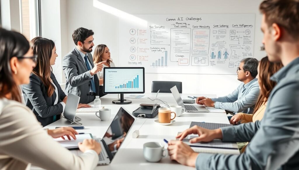 A modern office setting highlighting the challenges and frequently asked questions related to AI tools. In the foreground, a diverse group of professionals in business attire is engaged in a focused discussion, one person pointing at a digital tablet displaying graphs and data analytics. In the middle, a large conference table filled with laptops, notebooks, and cups of coffee, indicating an in-depth brainstorming session. In the background, a whiteboard filled with notes and diagrams outlining common AI challenges, enhancing the collaborative atmosphere. The lighting is bright and natural, suggesting a productive working environment, with soft shadows adding depth. The overall mood is one of collaboration, inquiry, and determination, reflecting the exploration of AI tool challenges.