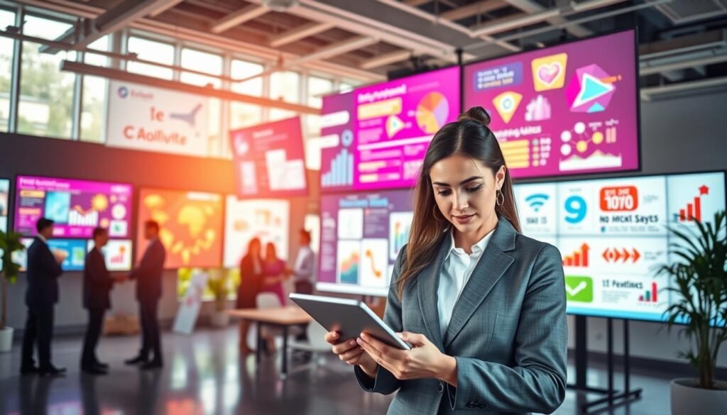 A modern office space filled with vibrant visual media, showcasing a variety of digital screens displaying engaging infographics, animations, and illustrations that enhance the reading experience. In the foreground, a professional woman in business attire is interacting with a tablet, captivated by the visual content. In the middle ground, we see a collaborative workspace with colleagues discussing the visuals, highlighting interaction and engagement. The background features large windows with natural light pouring in, creating an inviting atmosphere. The scene has a professional and innovative mood, emphasizing the importance of visual aids in improving reader interaction. The image should be bright and dynamic, showcasing technology and creativity in a corporate setting. A modern office space filled with vibrant visual media, showcasing a variety of digital screens displaying engaging infographics, animations, and illustrations that enhance the reading experience. In the foreground, a professional woman in business attire is interacting with a tablet, captivated by the visual content. In the middle ground, we see a collaborative workspace with colleagues discussing the visuals, highlighting interaction and engagement. The background features large windows with natural light pouring in, creating an inviting atmosphere. The scene has a professional and innovative mood, emphasizing the importance of visual aids in improving reader interaction. The image should be bright and dynamic, showcasing technology and creativity in a corporate setting.