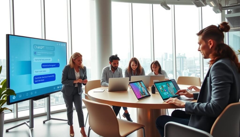 A modern, sleek office environment filled with diverse individuals engaged in various practical applications of ChatGPT. In the foreground, a professional woman in business attire is interacting with a large screen displaying a chat interface, showcasing a conversation with ChatGPT. In the middle, a team of colleagues collaborates at a round table, analyzing data on laptops and tablets, with vibrant visuals that illustrate automated responses and brainstorming sessions. The background features a large window with a city skyline, providing natural light that enhances the bright, innovative atmosphere. The mood is energetic and productive, emphasizing technology in a contemporary workspace. Use a wide-angle lens to capture the dynamic setting, with soft, diffused lighting to create an inviting and professional feel.