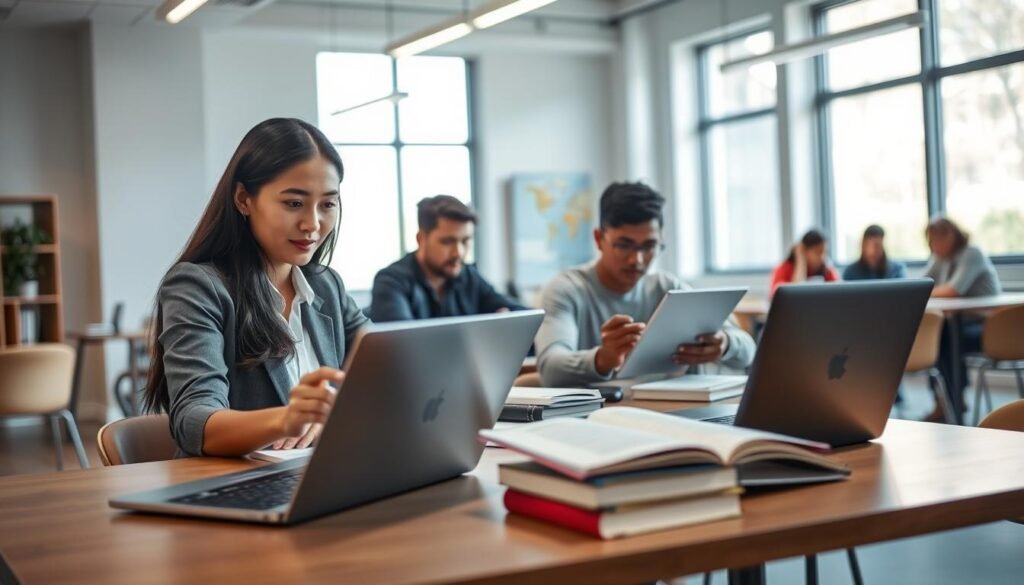 A modern study environment featuring a diverse group of students engaged in using advanced artificial intelligence tools. The foreground showcases a female student in professional attire, thoughtfully analyzing data on a sleek laptop, with a digital interface glowing softly. In the middle ground, a male student is reviewing ethical guidelines on a tablet while seated at a communal study table, surrounded by books and notes. The background depicts a bright, inviting classroom with large windows allowing natural light to flow in, creating an atmosphere of inspiration and focus. The overall mood is collaborative and forward-thinking, emphasizing the importance of ethical and effective use of AI in education. The composition should be captured with a wide-angle lens to encompass the collaborative space, highlighting the balance between technology and academic integrity.