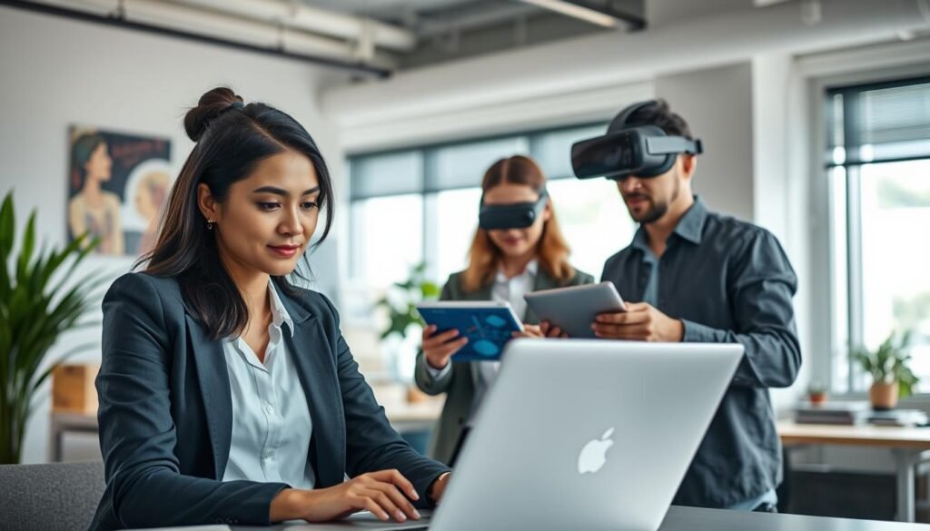 A modern workspace depicting a diverse group of professionals engaged in skill development using artificial intelligence tools. In the foreground, a woman in smart business attire is collaborating with a laptop, showcasing data visualization on the screen. In the middle ground, another professional is interacting with a digital tablet displaying an AI application, while a man uses a VR headset, representing immersive learning experiences. The background features a bright and airy office space with large windows, plants, and inspirational artwork, emphasizing a creative atmosphere. Soft, natural lighting illuminates the scene, creating a motivating and professional environment. The overall mood conveys innovation, collaboration, and the transformative power of AI in career advancement.