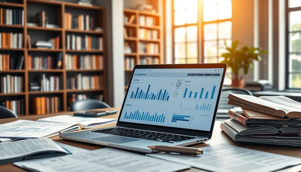 A modern workspace featuring AI-powered academic research tools. In the foreground, a sleek laptop displays graphs and charts, surrounded by open research papers and scholarly books. A sophisticated AI assistant interface glows softly on the screen. In the middle ground, a stylish desk is cluttered with high-tech gadgets like a digital tablet and smart pen, emphasizing innovation. The background showcases shelves filled with textbooks, gradually fading into a cozy library ambiance. Natural light filters through large windows, casting a warm glow over the scene, evoking a focused yet inviting atmosphere. The overall mood conveys motivation and efficiency, highlighting the integration of AI in academic research.